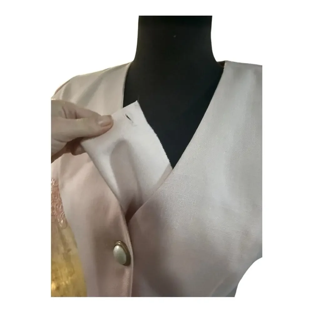 Vtg Blush Pink Lace Trim Skirt Suit Size 8 Short Sleeve Peplum Jacket Romantic